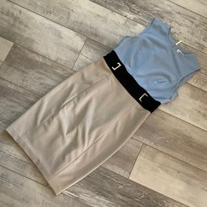 Calvin Klein Blue, Tan and Black Dress with Gold Zipper - Like New!